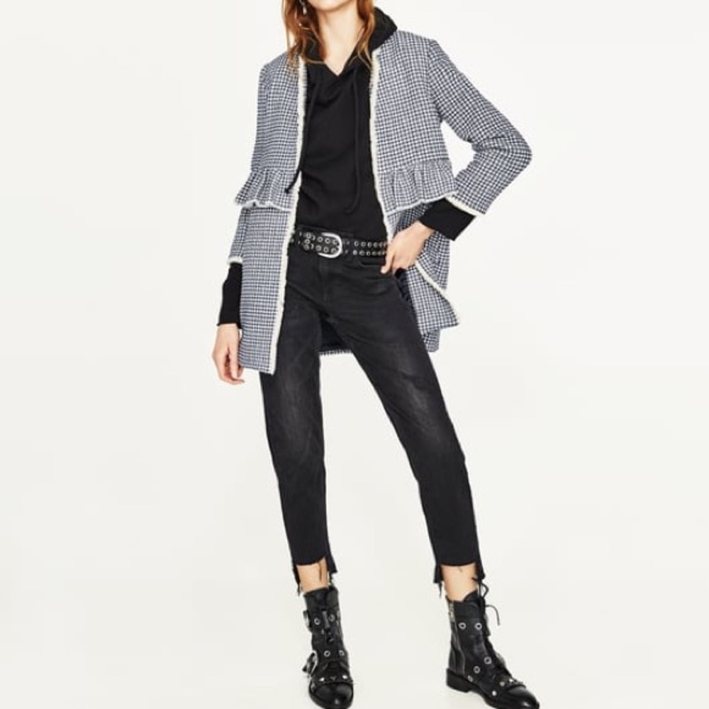 NAVY & WHITE CHECKED SPRING COAT WITH FRILL